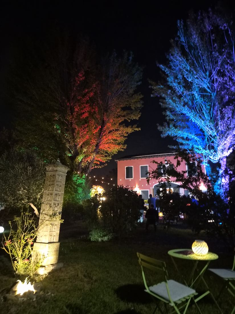 Il giardino di Villa Luna di notte, con gli alberi illuminati di blu e rosso